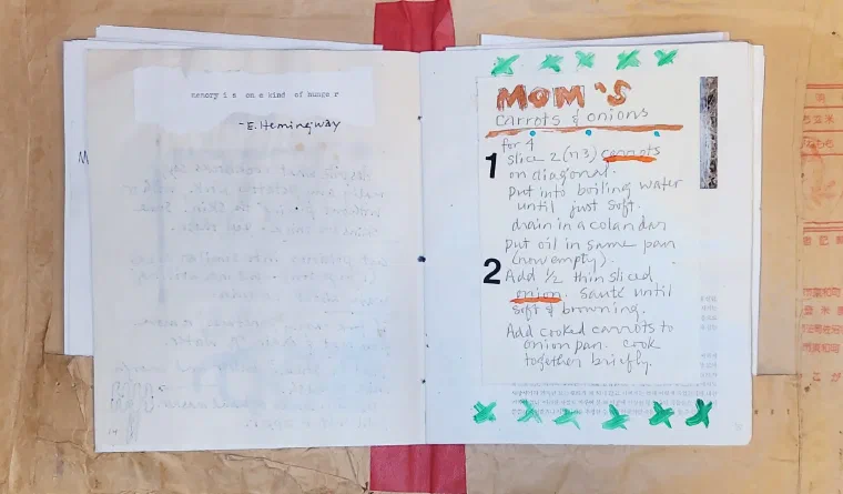 Handwritten family cookbook page for Mom's carrots and onions
