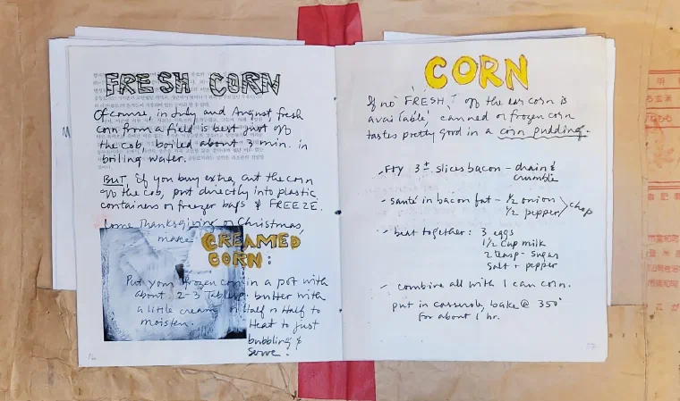 Handwritten family cookbook page for Aunt Mary's creamed corn