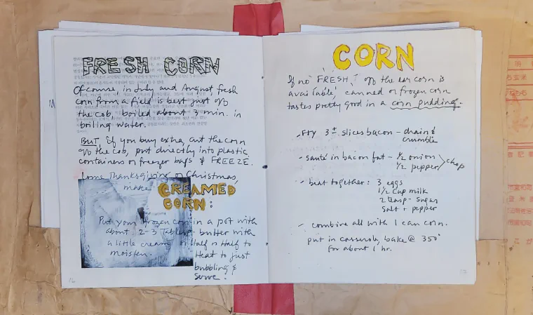 Handwritten family cookbook page for Aunt Mary's creamed corn