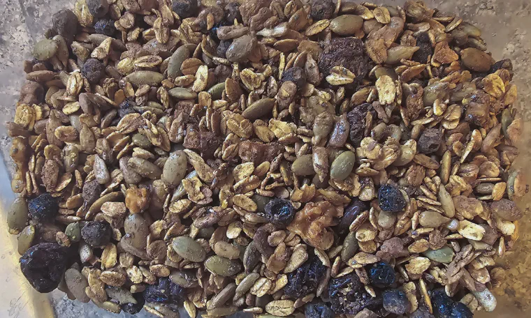Finished cacao granola with nuts and dried fruit