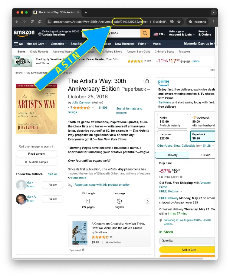 A browser address bar highlighting where to find an Amazon ASIN