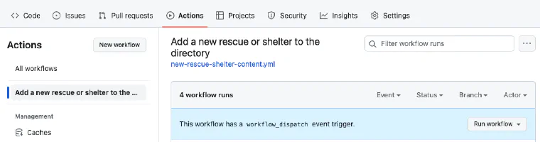 The GitHub Actions interface showing a Run workflow button