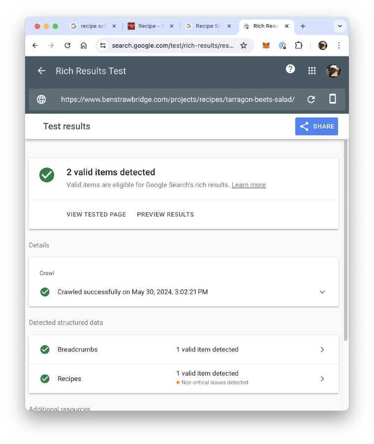 Google Rich Results Test showing valid recipe structured data