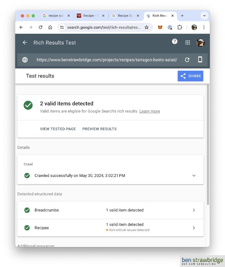 Test results from the google rich results tool.