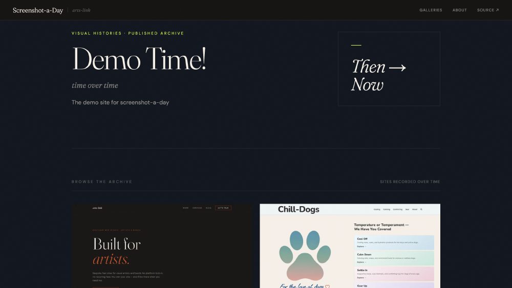 The published demo gallery, a static site listing the archived sites with their most recent captures