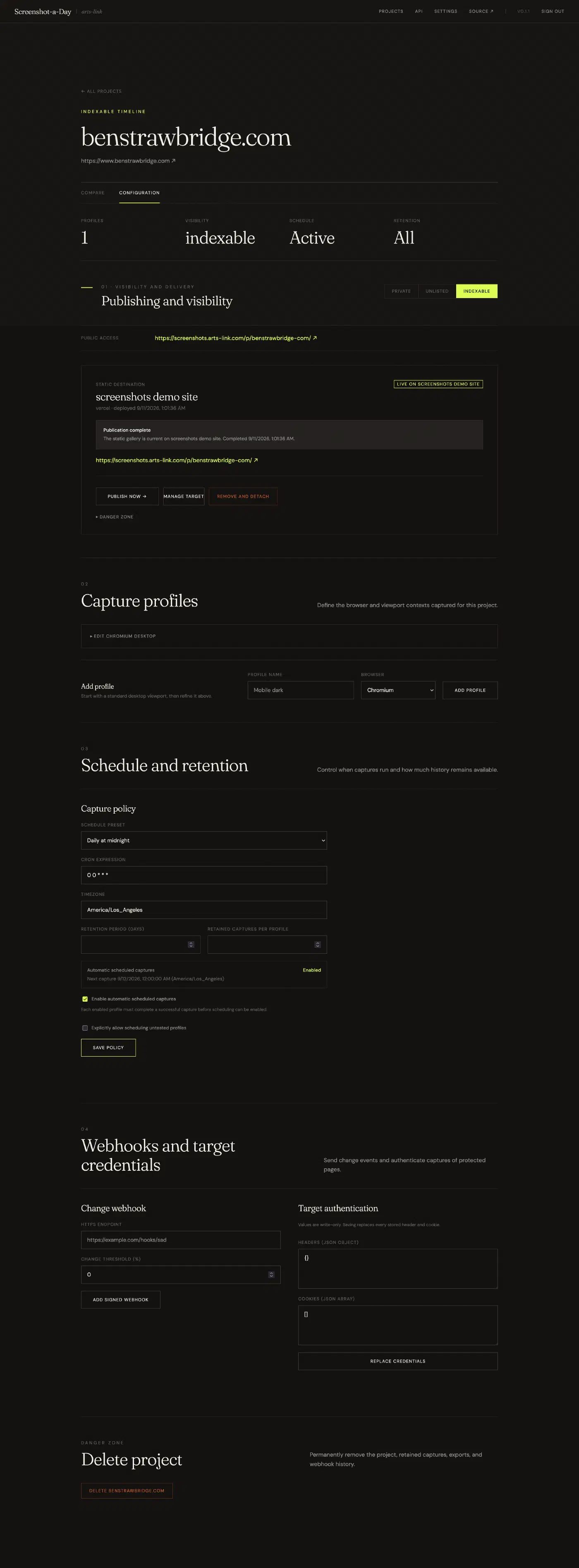 The full configuration page for a project, running from publishing and visibility at the top through capture profiles, schedule and retention, webhooks and target credentials, to the delete-project section at the bottom