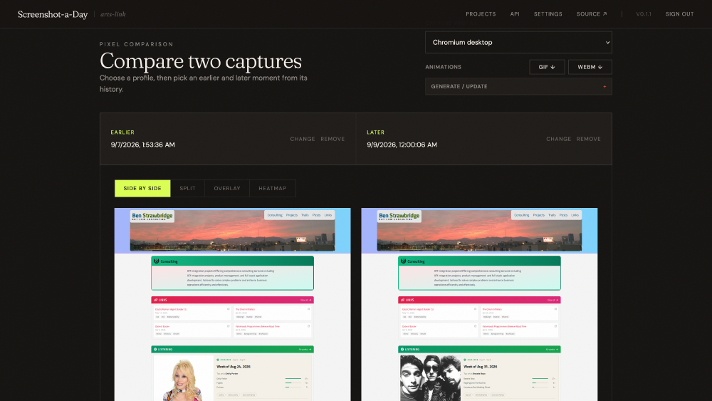The compare workspace in side-by-side mode, showing captures of the same page two days apart