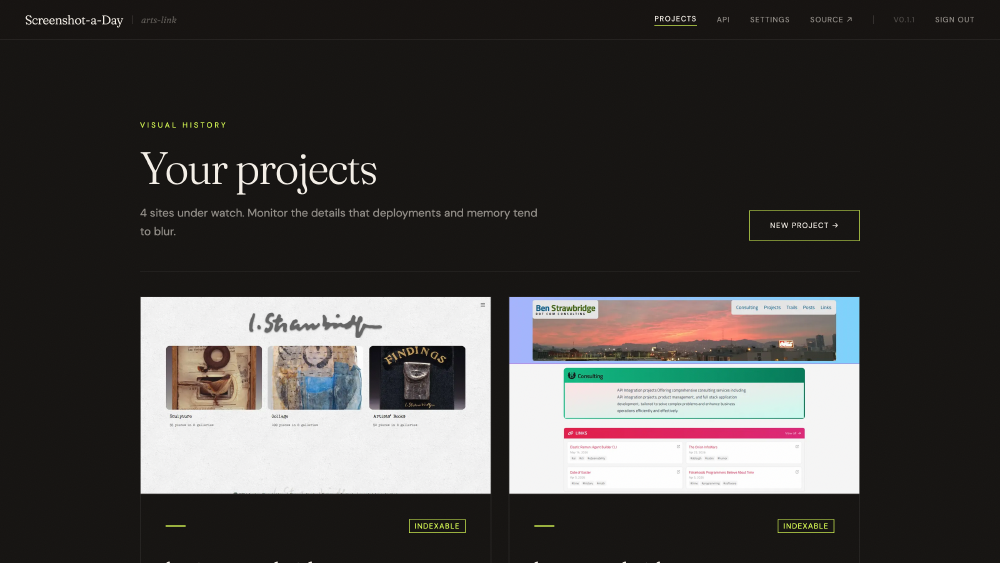 The projects dashboard listing four sites under watch, each with a recent capture and an indexable badge