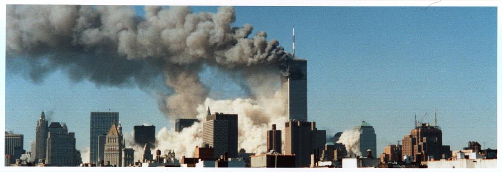 The North Tower standing alone after the South Tower fell