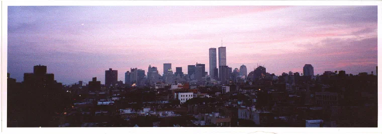The World Trade Center towers on the Lower Manhattan skyline at twilight, 2000