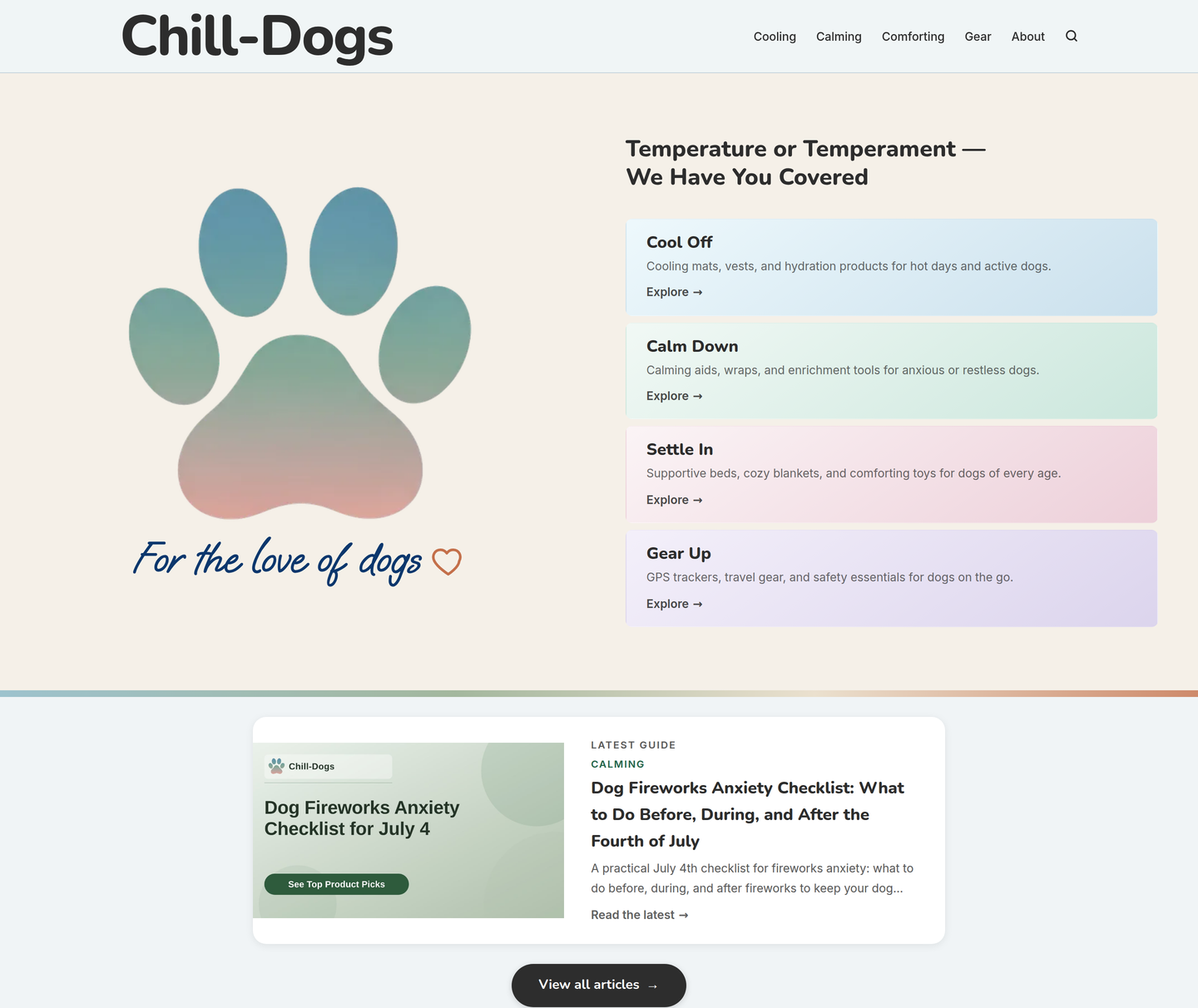 The chill-dogs.com home page: the Chill-Dogs paw logo beside a Cool Off, Calm Down, Settle In, and Gear Up category panel, with the latest guide featured below