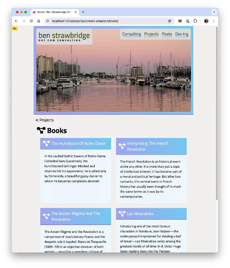 A sample bookstore page generated with a Hugo content adapter