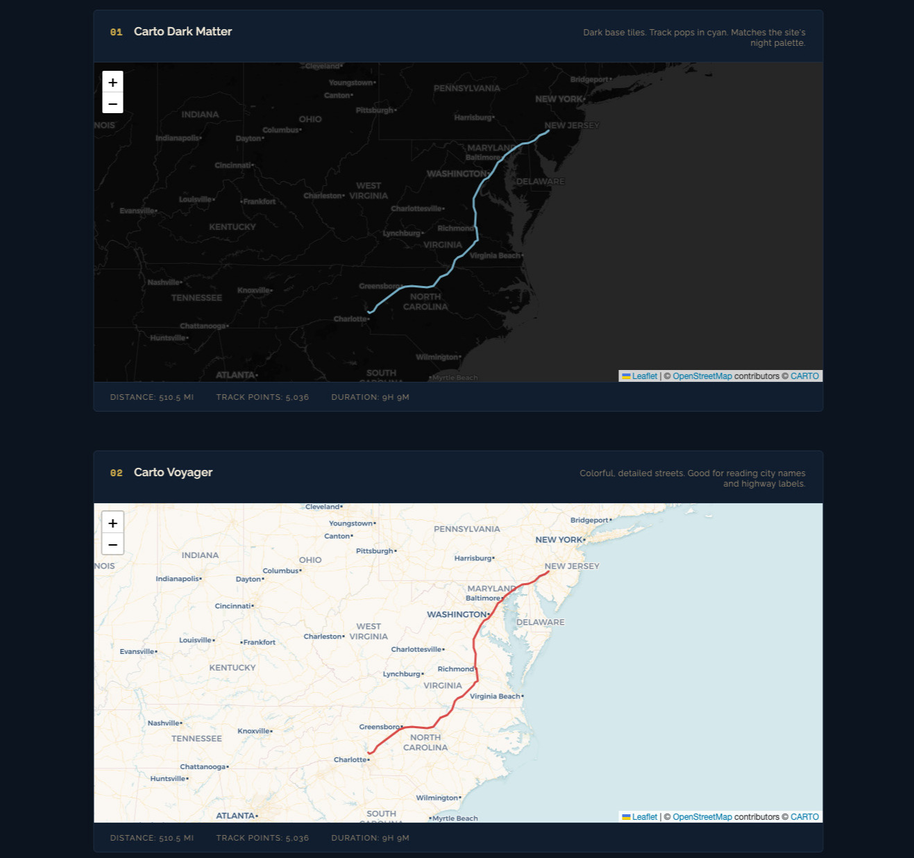 Side-by-side comparison of Carto Voyager and Dark Matter tile styles